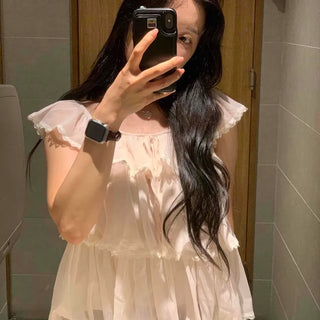 Chiffon Frill Round Neck Loose Fit Cap Sleeve Blouse