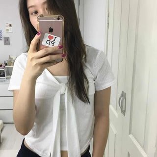 Tie Ribbon Sleeveless Layered Square Neck Crop Slim Fit Set Short Sleeve Tee