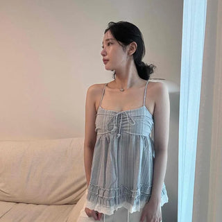 Chiffon Square Neck Frill Lace Smock Loose Fit Sleeveless Blouse