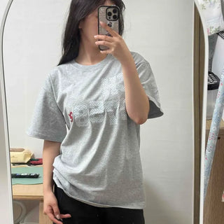 Loose Fit Cotton Dot Lettering Print Round Neck Short Sleeve T-shirt