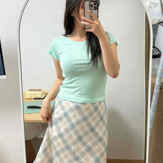 High-waisted Chiffon Check Ribbon A-line Midi Skirt