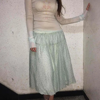 Dot Chiffon High-Waisted Elastic Pumpkin Midi Skirt