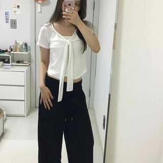 Low-Rise Elastic Cotton Blend Pocket Wide Long Pants