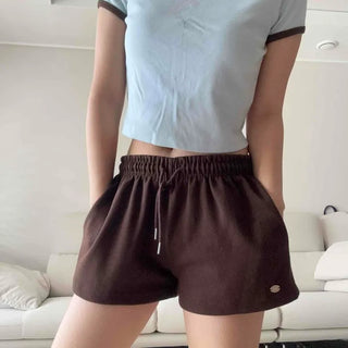 High-Density Cotton Wide-Leg 3/4 Length Shorts with Wappen Pendant and String Elastic Pocket