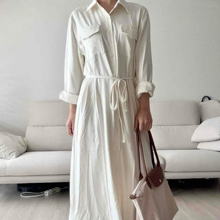 Shirt Collar Puff Sleeve Button Waist Tie Pocket Flare Cotton Long Dress