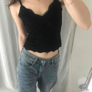 Lace Flower Frill V-Neck Slim Fit Adjustable Strap See-through Semi-Crop Sleeveless