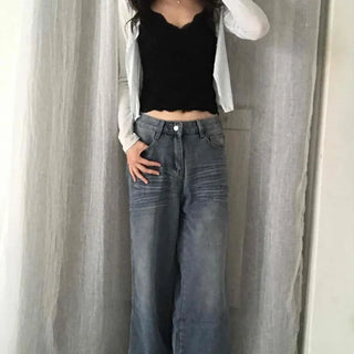Low-Rise Wide Washed Stitch Pocket Zipper Jeans