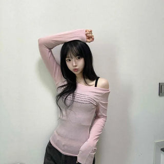 Boat Neck Slim Fit See-through Lettering Print Slit Long Sleeve T-shirt