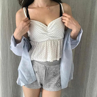 Frill Dot Shirring Ribbon Lace Slim Fit Semi-Crop Sleeveless