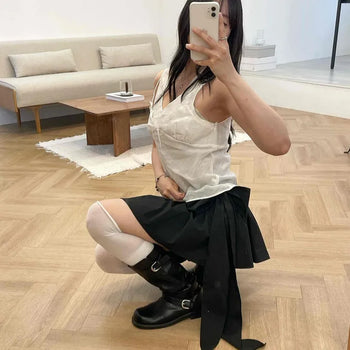 Low-rise Ribbon Strap Flare Zipper Mini Skirt with Built-in Shorts