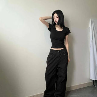 Slim Fit Round Neck Crop Stretchy Cotton Blend Short Sleeve T-shirt