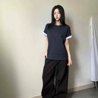 *Neutral Mood* Rolled-up Contrast Loose Fit Round Short Sleeve T-shirt