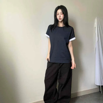 *Neutral Mood* Rolled-up Contrast Loose Fit Round Short Sleeve T-shirt