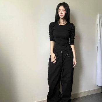 Slow Side Shirring Slim 3/4 Sleeve T-shirt