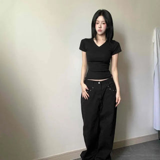 Some V-Neck Shirred Slim Short Sleeve T-Shirt