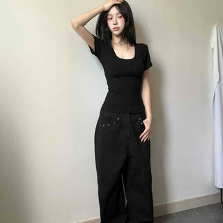 Modal Ribbed Square Neck Tight-Fit Short Sleeve T-Shirt