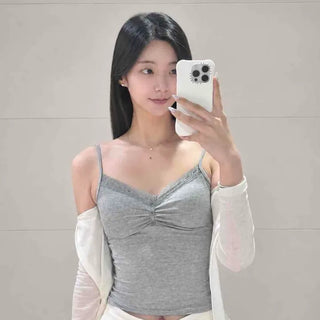 V-Neck Lace Button Slim Fit Semi-Crop Sleeveless