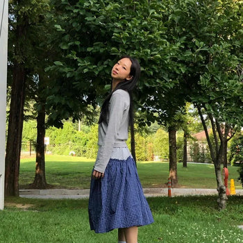 Check Color Block High-Waisted Back-Elastic Flare Midi Skirt