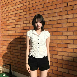 Shirt Collar Frill Shirring Cinched Waist Crop Blouse