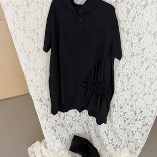 Luenz Shirred Asymmetrical Loose Fit High-Neck Short Sleeve Dress