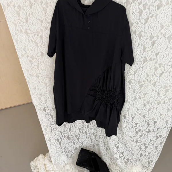 Luenz Shirred Asymmetrical Loose Fit High-Neck Short Sleeve Dress