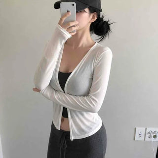 V-Neck Open Button See-through Delicate Fit Crop Knit Cardigan