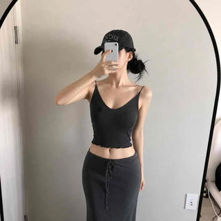 Slim Fit Crop Sleeveless Top with Detachable Frill Corsage and Elastic Waist