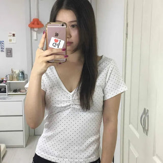 Polka Dot V-Neck Shirred Slim Fit Short Sleeve T-Shirt