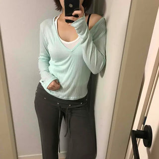 Deep V-Neck See-through Loose Fit Layered Long Sleeve T-shirt