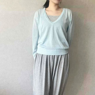 See-through V-neck Crop Loose Fit Layered Long Sleeve Knit