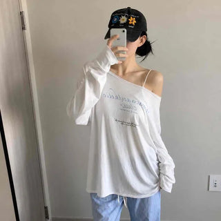 Off-shoulder Embroidered Logo Loose Fit Long Sleeve T-shirt