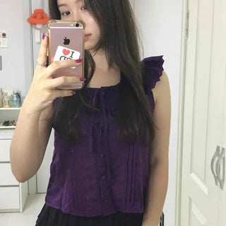 Cotton Punched Frill Round Neck Cap Sleeve Slim Fit Crop Blouse