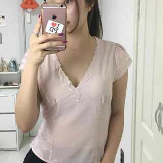 Lace See-through Ribbon Waist Tie Cinched Fit Crop Blouse