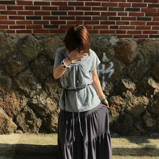 High-Waisted Elastic String Frill Tiered Flare A-Line Loose Fit Long Skirt