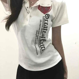 Credit High-Neck Button Lettering Collar T-Shirt