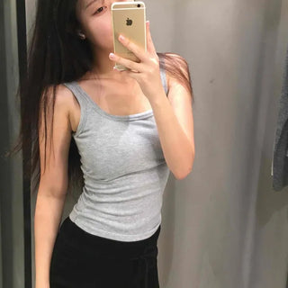 Ribbed Cotton Super Push-up Padding Layered U-Neck Sleeveless Top with Rolled Hem
