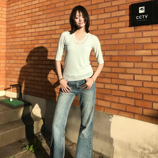 Low-Rise Loose Fit Bootcut Flare Button Stitch Pocket Jeans