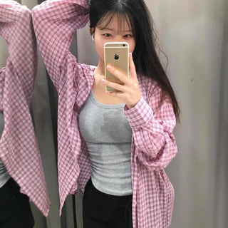 Seersucker Check Loose Fit Boyfit Cotton Button Collar Unisex Shirt
