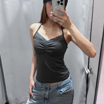 Butterfly Contrast Shirred Lace Strap Slim Fit Sleeveless