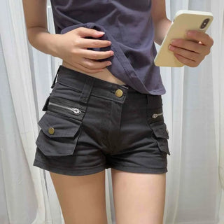Washed Denim Cargo Pocket Button Zipper Semi-Low-Rise Wide Shorts