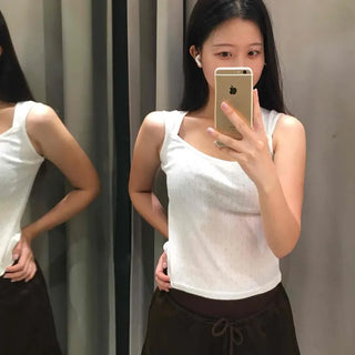 Cap Sleeveless Square Neck Eyelet Punching Embroidered Pleated Slim Fit Knit Sleeveless