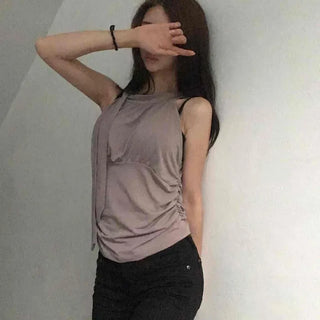 Halterneck Shirred Tie Drape Banded Modal Sleeveless
