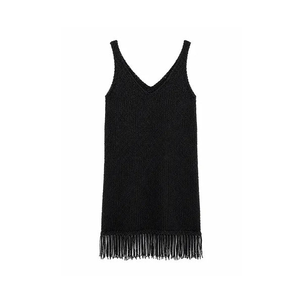 Fringe-Hem Knit V-Neck Dress
