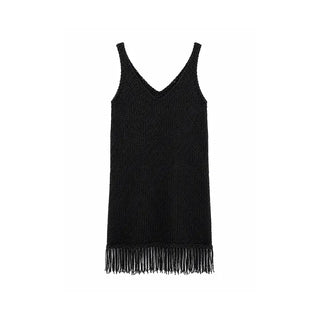 Fringe-Hem Knit V-Neck Dress