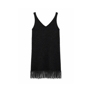 Fringe-Hem Knit V-Neck Dress