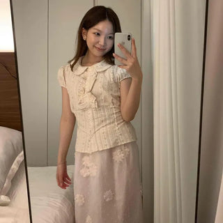 Chiffon Flower Applique High-Waisted Elastic H-Line Midi Skirt