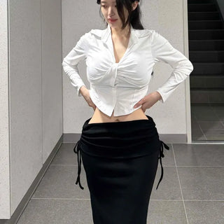 Shirred Pintuck Built-in Cap Slim Fit Polyester Crop Long Sleeve T-shirt