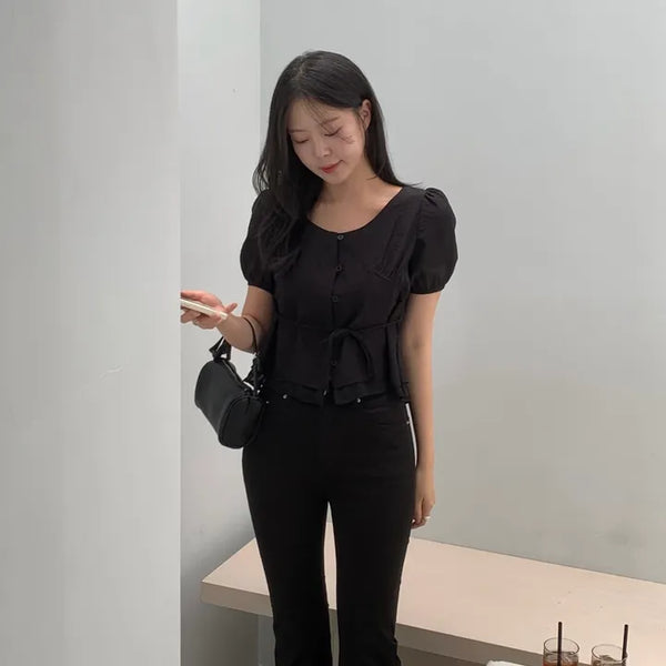 Elleune Puff Shirred Strap Short Sleeve Blouse