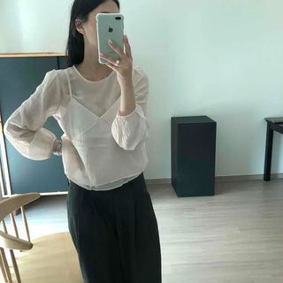 Tencel Sheer Frill Long Sleeve Layered Bustier Delicate Fit Crop Two-Piece