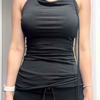 Modal Drape Shirred Asymmetrical Adjustable Cutout Halterneck Sleeveless